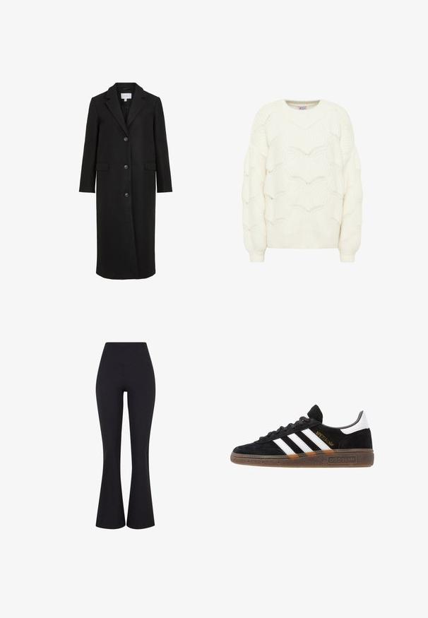 Black wool coat with a tailored design, featuring a notched collar, long sleeves, three front buttons, and side pockets. Smooth texture.; Cream-colored knitted sweater with a textured wave pattern. Features a round neckline and long sleeves with ribbed cuffs.; Black, high-waisted flared pants made from stretch fabric. Features a smooth texture and a fitted silhouette through the hips.; Black Adidas sneaker with white stripes, gold "Spezial" text, gum sole, and white heel tab, shown in profile view.
