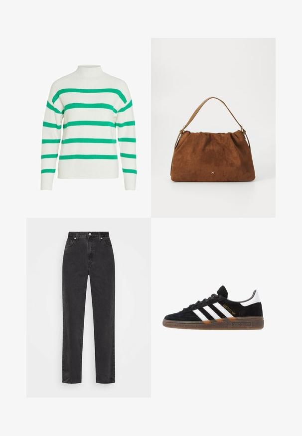 Zwarte wollen jas met een op maat gemaakt ontwerp, voorzien van een geknipt kraag, lange mouwen, drie knopen aan de voorkant en zijzakken. Soepele textuur.; VILA VIRIL MOCK NECK - Trui - white alyssum; Zwarte denim jeans met rechte pijpen en hoge taille, met een knoop en rits aan de voorkant en vijf zakken, op een witte achtergrond.; Zwarte Adidas sneaker met witte strepen, gouden "Spezial" tekst, gumzool en witte hieltab, weergegeven in zijaanzicht.; Bruine suède handtas met een geplooid ontwerp, voorzien van een enkele tan kleur leren schouderband en een subtiele gouden logo-detail aan de voorkant.