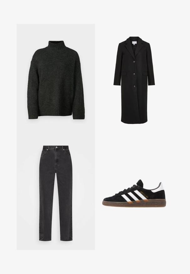 Musta villa takki räätälöidyllä muotoilulla, jossa on viistetty kaulus, pitkät hihat, kolme etunapillista ja sivutaskut. Siro rakenne.; Vero Moda Tall VMMADDIE HIGHNECK PULL - Neule - dark grey melange; Suorat mustat farkut korkealla vyötäröllä, edessä nappi ja vetoketju sekä viisi taskua valkoisella taustalla.; Mustat Adidas-nikeset, joissa on valkoiset raidat, kultaiset "Spezial"-tekstiset, kumipohja ja valkoinen kantapää, esitetty sivuprofiilissa.