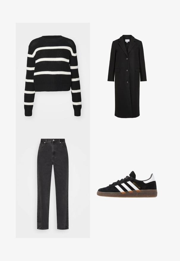 Musta villa takki räätälöidyllä muotoilulla, jossa on viistetty kaulus, pitkät hihat, kolme etunapillista ja sivutaskut. Siro rakenne.; Mustavalkoraidallinen lyhyt villapaita, neulottu pinta, pyöreä kaula-aukko ja resorit hihansuissa ja helmassa.; Suorat mustat farkut korkealla vyötäröllä, edessä nappi ja vetoketju sekä viisi taskua valkoisella taustalla.; Mustat Adidas-nikeset, joissa on valkoiset raidat, kultaiset "Spezial"-tekstiset, kumipohja ja valkoinen kantapää, esitetty sivuprofiilissa.