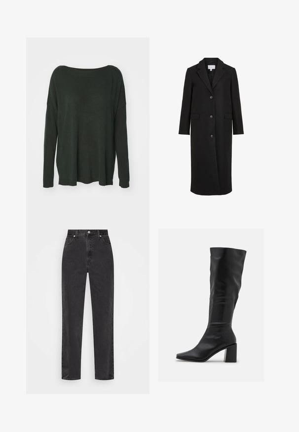 Schwarzer Wollmantel mit maßgeschneidertem Design, ausgestattet mit einem Reverskragen, langen Ärmeln, drei vorderen Knöpfen und Seitentaschen. Glatte Textur.; Dunkelgrüner, übergroßer Pullover mit weitem Ausschnitt, langen Ärmeln und geripptem Saum. Aus weichem, strukturierter Stoff gefertigt. Keine sichtbaren Muster.; Schwarze Denim-Jeans mit geradem Bein, hoher Taille, vorderem Knopf und Reißverschluss sowie fünf Taschen auf weißem Hintergrund.; RAID BLICK - Stiefel - black
