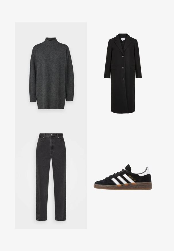 Fekete gyapjú kabát, amelynek testre szabott a dizájnja, mintás gallérral, hosszú ujjakkal, három elülső gombbal és oldalsó zsebekkel rendelkezik. Sima tapintású.; Sötét szürke, oversized garbó pulóver puha kötött anyagból, hosszú ujjakkal és bordázott szegéllyel; sima textúra, minimalista dizájn.; Fekete, egyenes szárú farmernadrág, magas derékkal, elülső gombbal és cipzárral, valamint öt zsebes stílussal, fehér háttérrel.; Fekete Adidas sneaker fehér csíkokkal, arany "Spezial" felirattal, gumitalppal és fehér saroktabbal, profil nézetben bemutatva.