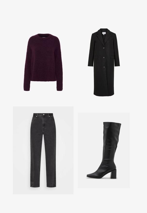 Manteau en laine noire au design ajusté, avec un col cranté, des manches longues, trois boutons sur le devant et des poches latérales. Texture lisse.; Pull violet, à coupe ample, avec un col rond. Fabriqué en matériau doux et duveteux. Les poignets et l'ourlet côtelés rehaussent la texture.; Jeans en denim noir à jambe droite avec taille haute, bouton et fermeture éclair à l'avant, et style cinq poches sur fond blanc.; RAID BLICK - Bottes - black