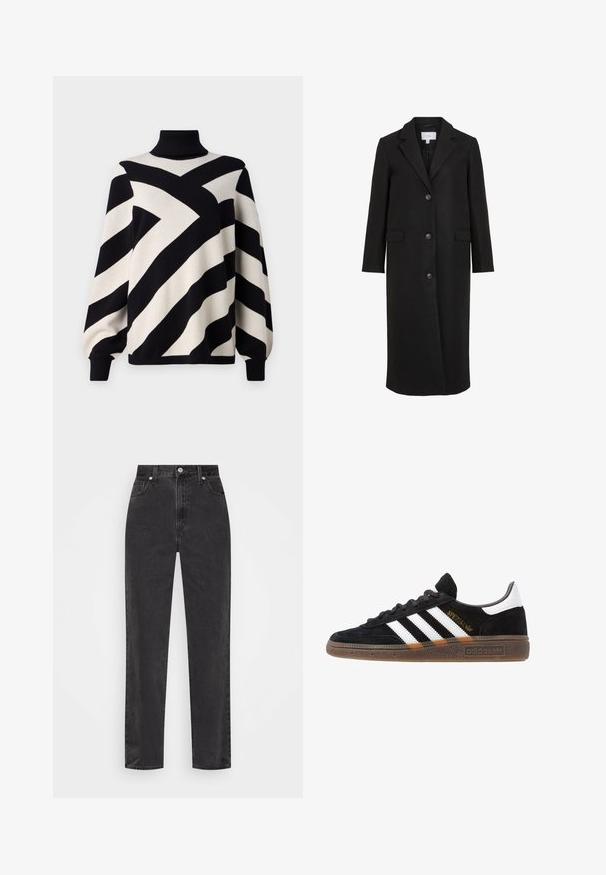 Manteau en laine noire au design ajusté, avec un col cranté, des manches longues, trois boutons sur le devant et des poches latérales. Texture lisse.; Object OBJRAY ROLL NECK - Pullover - black; Jeans en denim noir à jambe droite avec taille haute, bouton et fermeture éclair à l'avant, et style cinq poches sur fond blanc.; Baskets Adidas noires avec rayures blanches, inscription dorée "Spezial", semelle en gomme et languette blanche au talon, présentées en vue de profil.