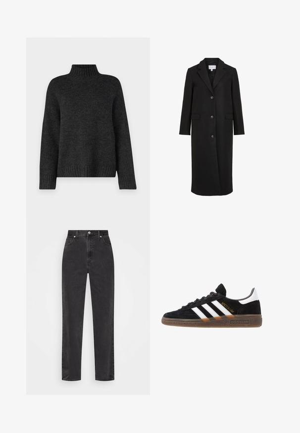 Black wool coat with a tailored design, featuring a notched collar, long sleeves, three front buttons, and side pockets. Smooth texture.; Dark gray knitted sweater with a high neckline, long sleeves, and ribbed cuffs and hem. Soft texture and relaxed fit.; Straight-leg black denim jeans with high waist, front button and zipper, and five-pocket styling on a white background.; Black Adidas sneaker with white stripes, gold "Spezial" text, gum sole, and white heel tab, shown in profile view.