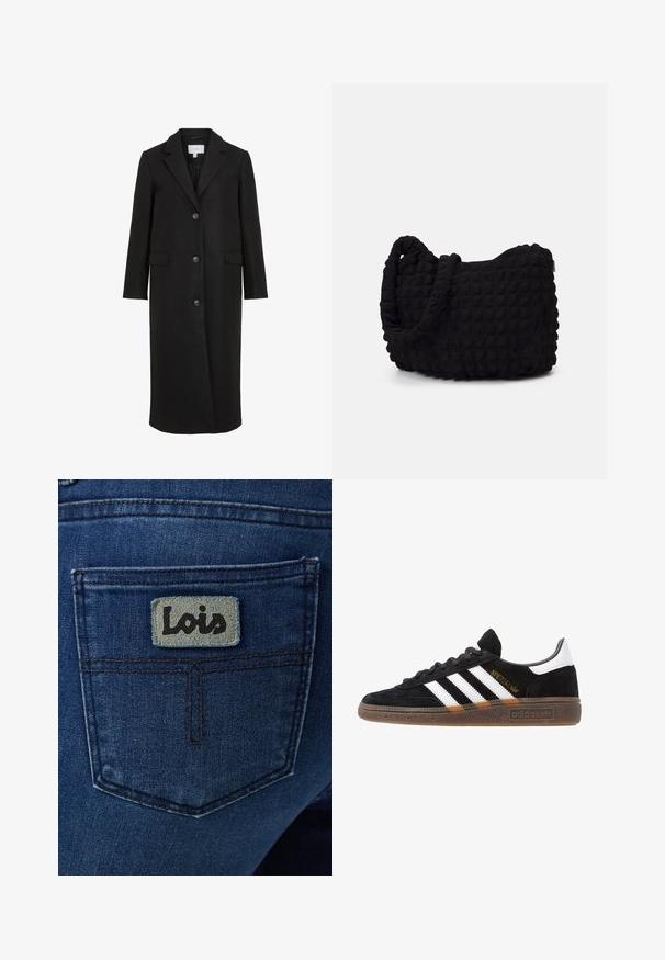 Musta villa takki räätälöidyllä muotoilulla, jossa on viistetty kaulus, pitkät hihat, kolme etunapillista ja sivutaskut. Siro rakenne.; Musta poolalla pitkähihaisen pusero, joka on valmistettu ribbikankaasta, tarjoaa muotoilevan leikkauksen, jossa on korkea kaula-aukko eikä kuvioita tai koristeita.; Tummansiniset farkut, joissa on takatasku ja siinä vaaleansininen neliönmuotoinen merkki, jossa lukee mustalla kursiivikirjaimilla "Lois".; Mustat Adidas-nikeset, joissa on valkoiset raidat, kultaiset "Spezial"-tekstiset, kumipohja ja valkoinen kantapää, esitetty sivuprofiilissa.; Musta kangaspussi, jossa on teksturoitu, tikkikuvio. Pyöreä muoto, lyhyet, paksut kahvat ja pehmeä, joustava rakenne.