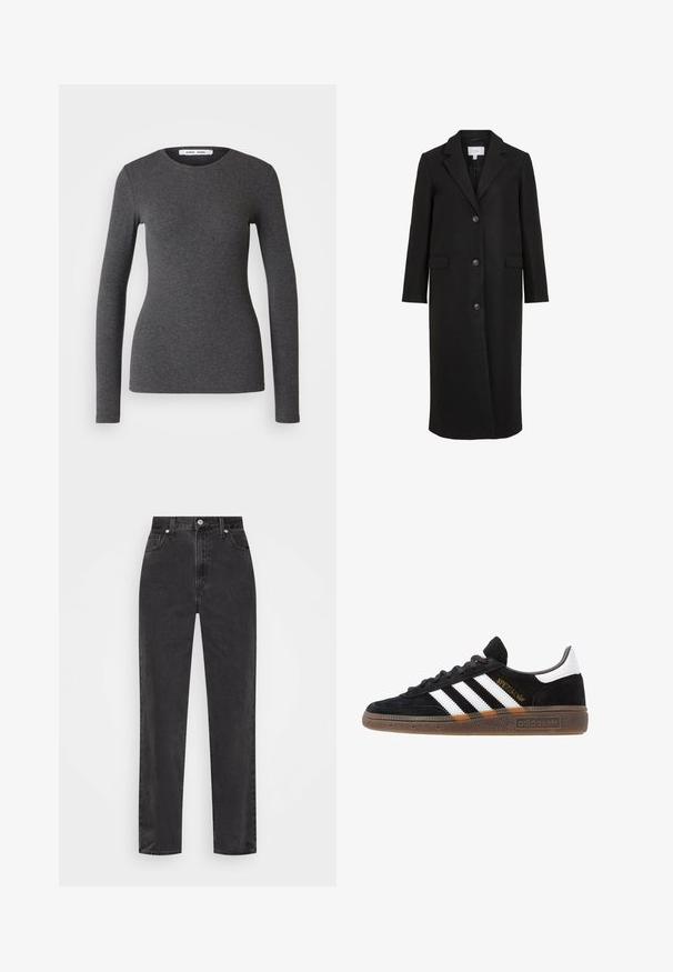 Cappotto di lana nera con un design su misura, dotato di colletto a punte, maniche lunghe, tre bottoni frontali e tasche laterali. Texture liscia.; Top a maniche lunghe, con scollo rotondo, di colore grigio scuro, realizzato in tessuto a costine con un design aderente, caratterizzato da una texture liscia e dettagli minimi.; Jeans in denim nero a gamba dritta con vita alta, bottone e cerniera frontali, e cinque tasche su uno sfondo bianco.; Sneaker Adidas nere con strisce bianche, testo "Spezial" dorato, suola in gomma e tab sul tallone bianco, mostrato in veduta laterale.