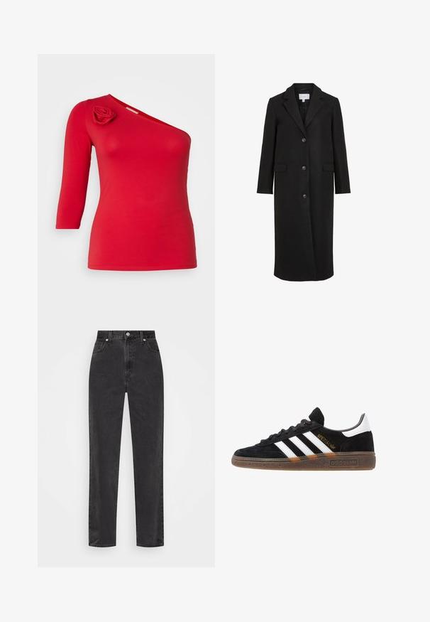 Crni kaput od vune s krojem po mjeri, s reverima, dugim rukavima, tri gumba sprijeda i bočnim džepovima. Glatka tekstura.; Crvena bluza s jednim naramenicom izrađena od mekog materijala, s cvjetnom aplikacijom na ramenu i rukavima do tri četvrtine. Glatka tekstura.; Crne traperice ravnih nogavica s visokim strukom, prednjim kopčanjem na dugme i patentni zatvarač, te stilom s pet džepova na bijeloj pozadini.; Crni Adidas tenisice s bijelim prugama, zlatnim natpisom "Spezial", gumeni potplat i bijeli oznaka na peti, prikazane u bočnom pogledu.