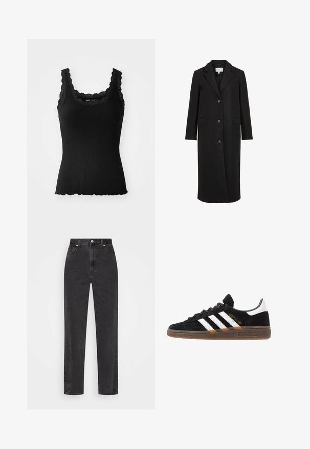 Musta villa takki räätälöidyllä muotoilulla, jossa on viistetty kaulus, pitkät hihat, kolme etunapillista ja sivutaskut. Siro rakenne.; Musta ribattua hihaton paita, jossa on pitsireunat kaula-aukossa ja olkapäillä, hentosti aaltoileva helma ja tiukka muotoilu, valmistettu venyvästä kankaasta.; Suorat mustat farkut korkealla vyötäröllä, edessä nappi ja vetoketju sekä viisi taskua valkoisella taustalla.; Mustat Adidas-nikeset, joissa on valkoiset raidat, kultaiset "Spezial"-tekstiset, kumipohja ja valkoinen kantapää, esitetty sivuprofiilissa.