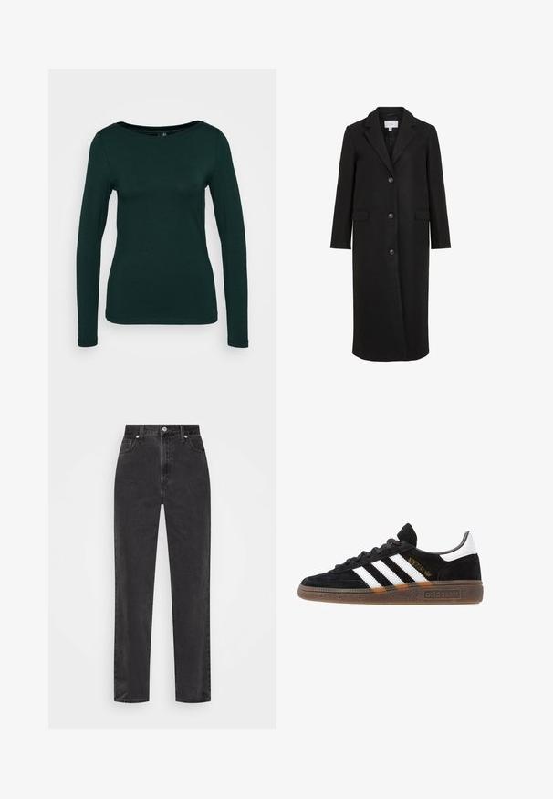 Schwarzer Wollmantel mit maßgeschneidertem Design, ausgestattet mit einem Reverskragen, langen Ärmeln, drei vorderen Knöpfen und Seitentaschen. Glatte Textur.; Langärmliges Oberteil in Dunkelgrün, aus weichem Material gefertigt. Verfügt über einen runden Ausschnitt und eine taillierte Passform mit nahtlosen Kanten. Minimalistischer Stil.; Schwarze Denim-Jeans mit geradem Bein, hoher Taille, vorderem Knopf und Reißverschluss sowie fünf Taschen auf weißem Hintergrund.; Schwarzer Adidas Sneaker mit weißen Streifen, goldenem "Spezial"-Text, Gummisohle und weißem Fersenbereich, seitliche Ansicht.