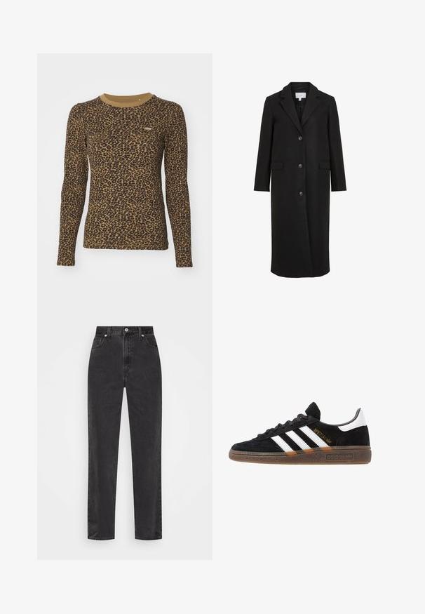 Juodas vilnonis paltas su pritaikytu dizainu, turintis išpjautą apykaklę, ilgas rankoves, tris priekinės mygtukus ir šonines kišenes. Lygi tekstūra.; Rudas ilgomis rankovėmis marškinėliai su leopardų raštu, apvaliu iškirpimu ir nedideliu tamprumu. Maža logotipo etiketė priekyje.; Tiesios kojų juodos džinsinės kelnės su aukštu juosmeniu, priekyje esančia užtrauktuku ir mygtuku, bei penkių kišenių stiliumi ant balto fono.; Juodos Adidas sportbačiai su baltais dryžiais, auksiniu „Spezial“ užrašu, guminėmis padais ir balta kulno juostele, rodomi šoninio vaizdo.