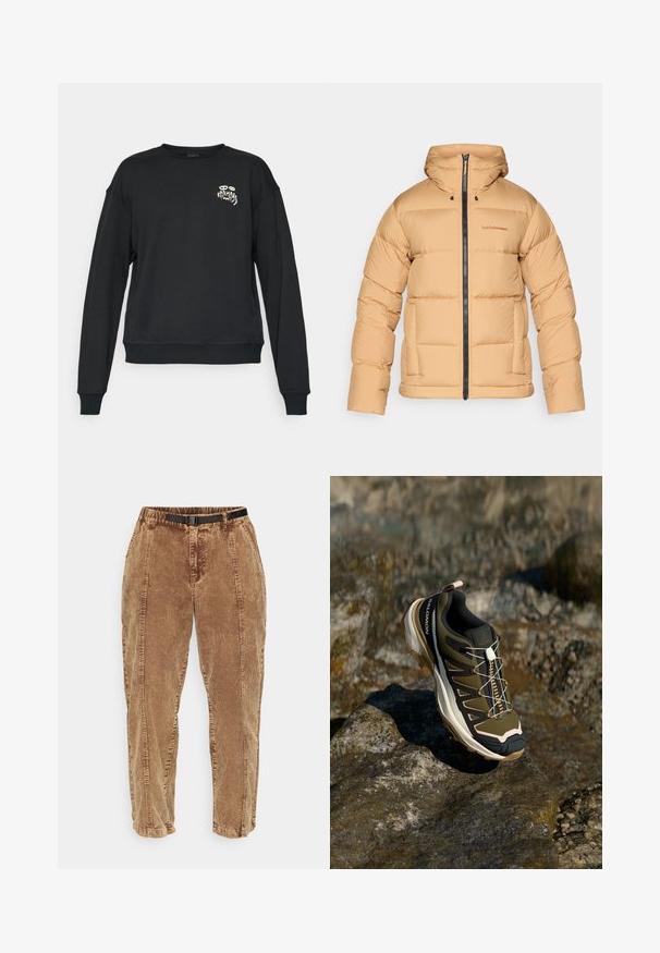 Beige puffer jacket with a hood, featuring a zip front, quilted pattern, and two side pockets. Made from a smooth, lightweight material.; Black long-sleeve crewneck sweatshirt with small white graphic text "KARMA 93" and eyes on the left chest, ribbed cuffs and hem.; Brown corduroy pants with a textured surface, featuring a black adjustable belt, side pockets, and a relaxed fit. Pants taper toward the ankles.; Hiking shoe in olive green and black with pink accents. Features a textured upper, flexible sole, reinforced toe cap, and colorful lacing system.