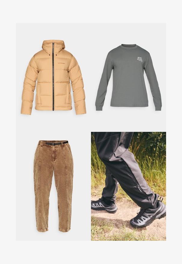 Giacca a vento beige con cappuccio, dotata di chiusura con zip, motivo trapuntato e due tasche laterali. Realizzata in un materiale liscio e leggero.; Camicia a maniche lunghe in tessuto grigio, con collo rotondo e un logo grafico bianco sul lato sinistro del petto. Texture morbida e design semplice.; Pantaloni di velluto a coste marroni con una superficie testurizzata, dotati di una cintura nera regolabile, tasche laterali e una vestibilità comoda. I pantaloni si stringono verso le caviglie.; Pantaloni impermeabili neri con una vestibilità rilassata, dotati di una piccola tasca laterale. Abbinati a scarpe da trekking robuste nere e grigie con un motivo.
