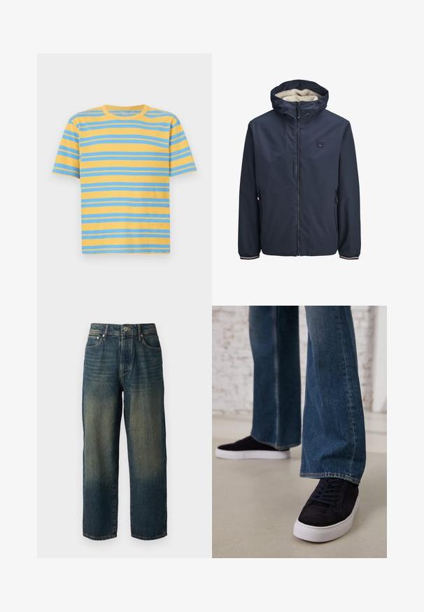 Mørkeblå jakke med lynlåslukning, fleeceforet hætte, to sidelommer og stribede manchetter. Fremstillet af glat, vejrbestandigt materiale.; Stribet t-shirt i gul og blå, lavet af bomuld. Har en klassisk rund hals, korte ærmer og ligeledes vandrette striber.; Blå denimjeans med lige snit, der har et falmet design med lysere nuancer mod nederkanten, fem lommer og en knaplukning.; Mørkeblå sneakers i ruskind med en hvid gummisål og snørebånd, parret med denimjeans med brede ben i en mellemblå vask.