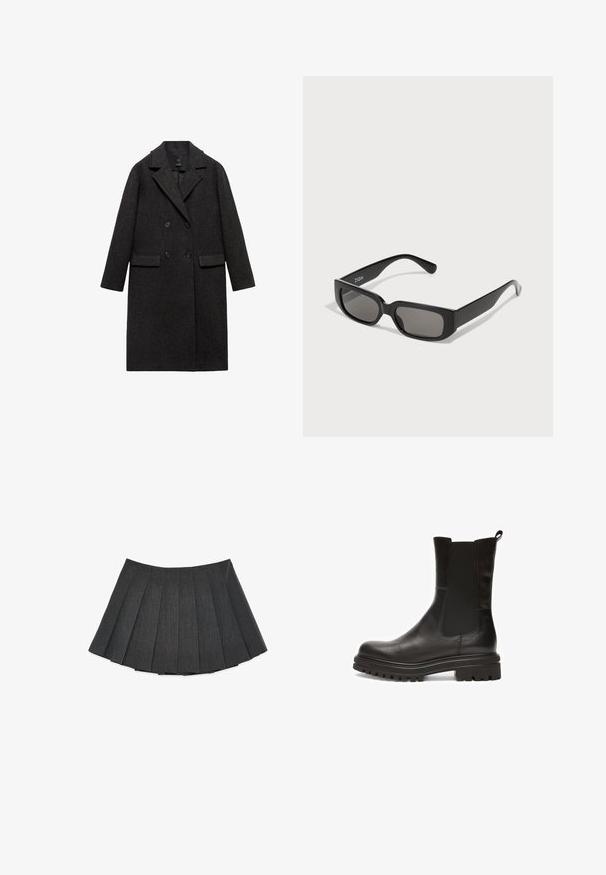 Czarny wełniany płaszcz w kolorze ciemnoszarym z podwójnym zapięciem, z wyłogowym kołnierzem, dwoma przednimi kieszeniami i długimi rękawami.; Sweter dziane w ciemnoszarym kolorze o oversize'owym kroju, z geometrycznym wzorem w odcieniu kremowym przedstawiającym okręgi i prostokąty. Wysoka konstrukcja dekoltu.; Plisowana spódnica w ciemnoszarym kolorze, wykonana z teksturowanej tkaniny. Charakteryzuje się rozkloszowanym krojem z równomiernie rozmieszczonymi plisami i płaskim paskiem w talii.; Czarne skórzane botki za kostkę z elastycznymi panelami bocznymi, okrągłym czubkiem i grubą, teksturowaną gumową podeszwą z głębokim bieżnikiem zapewniającym przyczepność.; Czarne prostokątne okulary przeciwsłoneczne z szaro zabarwionymi soczewkami, wykonane z gładkiego plastiku. Charakteryzują się minimalistycznym designem z prostymi zausznikami i subtelnym logo.; Brązowa skórzana torebka na ramię z wzorem logo, złotym łańcuszkiem na pasku, zapięciem na zamek błyskawiczny oraz złotymi akcentami. Kompaktowy i prostokątny kształt.