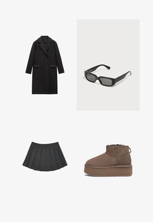 Cappotto di lana grigio scuro con design doppiopetto, rever a punta, due tasche frontali e maniche lunghe.; Maglione lavorato a maglia in grigio scuro con una vestibilità over-size, caratterizzato da un motivo geometrico in crema composto da cerchi e rettangoli. Design con collo alto.; Gonna plissettata in grigio scuro, realizzata in un tessuto testurizzato. Presenta un silhouette svasata con pieghe uniformemente distanziate e una vita piatta.; Stivale alla caviglia in suede marrone con suola piatta spessa e interno in pelliccia nera, cucitura laterale e tab per il rilascio posteriore, mostrato dal lato esterno.; Occhiali da sole rettangolari neri con lenti grigie, realizzati in plastica liscia. Presentano un design minimalista con steli dritti e un branding discreto.