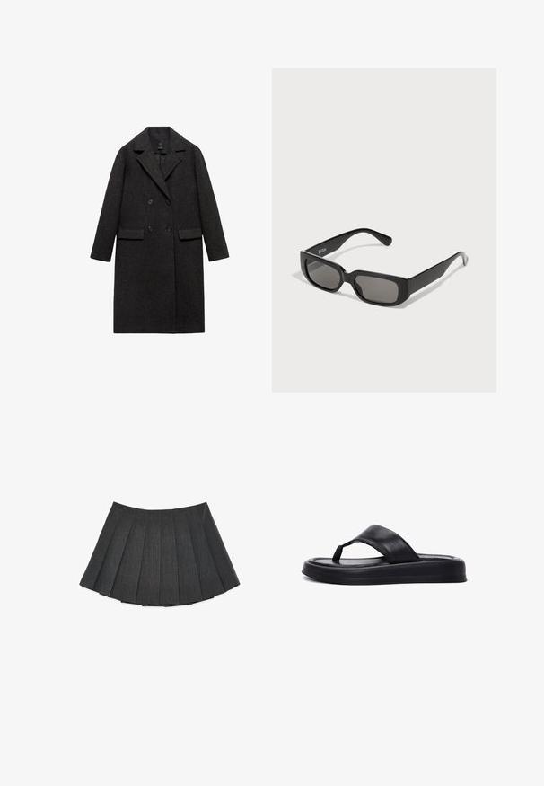 Dark gray wool coat with a double-breasted design, notched lapel, two front pockets, and full-length sleeves.; Knit sweater in dark gray with an oversized fit, featuring a geometric cream pattern of circles and rectangles. High neck design.; Pleated skirt in dark gray, made from a textured fabric. Features a flared silhouette with evenly spaced pleats and a flat waistband.; Derimod T-bar sandals - black; Black rectangular sunglasses with gray-tinted lenses, made of smooth plastic. Features a minimalist design with straight arms and subtle branding.