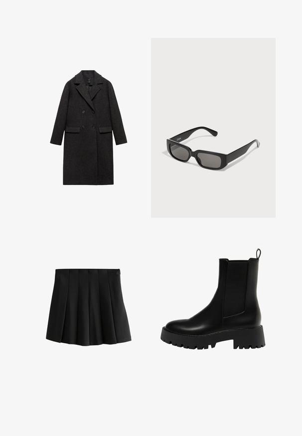 Dunkelgrauer Wollmantel mit doppelter Knopfleiste, Reverskragen, zwei vorderen Taschen und langen Ärmeln.; Dunkelgrauer Strickpullover mit übergroßer Passform, der ein geometrisches cremefarbenes Muster aus Kreisen und Rechtecken aufweist. Hoher Kragen.; Schwarzer, plissierter Minirock mit einem glatten Bund und strukturierten, umgekehrten Kastenfalten, isoliert auf weißem Hintergrund.; Schwarze Leder-Stiefelette mit einem strukturierten Seitenpanel, runder Zehenpartie und klobigem Plateau-Sohlenprofil mit Zickzack-Profil.; Schwarze rechteckige Sonnenbrille mit graugläsern, aus glattem Kunststoff. Verfügt über ein minimalistisches Design mit geraden Bügeln und subtiler Markenkennzeichnung.; Schwarze Leder-Hobo-Tasche mit einem lässigen Design, breitem Schultergurt und glatter Textur. Verfügt über einen seitlichen Reißverschluss.