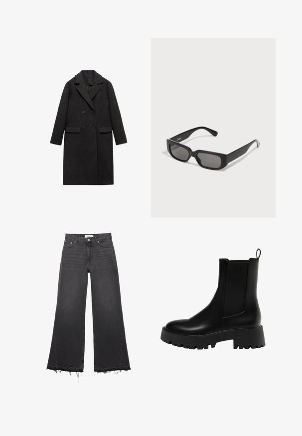 Tummanharmaa villatakki, jossa on tupla-rivinen malli, kaulukset, kaksi etutaskua ja täyspitkät hihat.; Villapaita tummanharmaana, ylisuurena, jossa on geometricistä vaalean cremin kuviointia ympyröistä ja suorakulmioista. Korkea kaulusmuotoilu.; Musta leveälahkeinen farkut korkealla vyötäröllä, etutaskuilla, nappikiinnityksellä ja rispaantuneilla lahkeilla.; Mustan nahkaisen nilkkurit, joissa on teksturoitu sivupaneeli, pyöreä kärki ja paksu pohja, jossa on sakaratalla.; Mustat suorakulmaiset aurinkolasit harmaat sävytetyt linssit, valmistettu sileästä muovista. Ominaisuuksiin kuuluu minimalistinen muotoilu suorilla sangoilla ja hienovaraisella brändäyksellä.