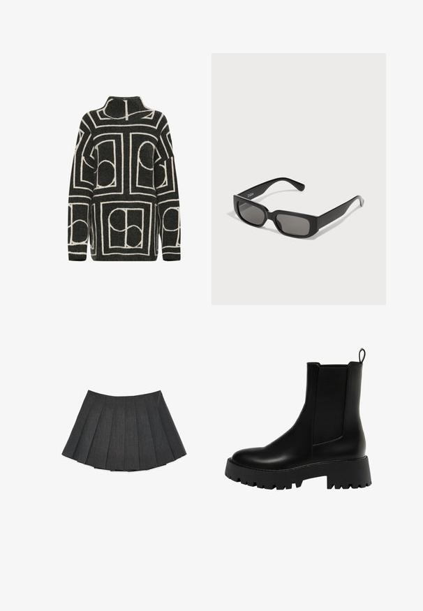 Dunkelgrauer Wollmantel mit doppelter Knopfleiste, Reverskragen, zwei vorderen Taschen und langen Ärmeln.; Dunkelgrauer Strickpullover mit übergroßer Passform, der ein geometrisches cremefarbenes Muster aus Kreisen und Rechtecken aufweist. Hoher Kragen.; Plissierter Rock in Dunkelgrau, aus einem strukturierten Stoff gefertigt. Hat eine ausgestellte Silhouette mit gleichmäßig verteilten Falten und einem flachen Taillenbund.; Schwarze Leder-Stiefelette mit einem strukturierten Seitenpanel, runder Zehenpartie und klobigem Plateau-Sohlenprofil mit Zickzack-Profil.; Schwarze rechteckige Sonnenbrille mit graugläsern, aus glattem Kunststoff. Verfügt über ein minimalistisches Design mit geraden Bügeln und subtiler Markenkennzeichnung.; Schwarze Leder-Hobo-Tasche mit einem lässigen Design, breitem Schultergurt und glatter Textur. Verfügt über einen seitlichen Reißverschluss.