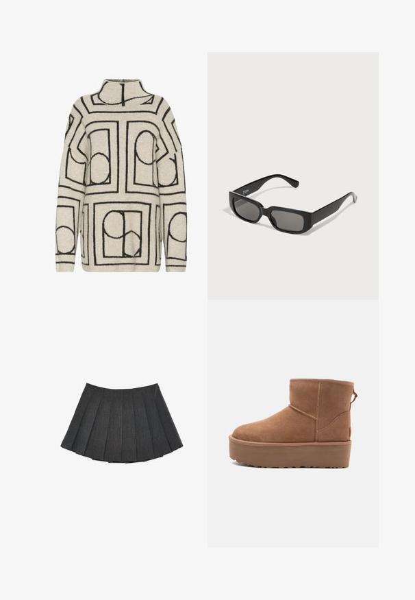Czarny wełniany płaszcz w kolorze ciemnoszarym z podwójnym zapięciem, z wyłogowym kołnierzem, dwoma przednimi kieszeniami i długimi rękawami.; Sweter dziany w jasnym beżu z czarnymi geometrycznymi wzorami, z wysokim kołnierzem, luźnym krojem i teksturowanym materiałem dla dodatkowego ciepła.; Plisowana spódnica w ciemnoszarym kolorze, wykonana z teksturowanej tkaniny. Charakteryzuje się rozkloszowanym krojem z równomiernie rozmieszczonymi plisami i płaskim paskiem w talii.; Beżowe zamszowe botki za kostkę z platformą, zaokrąglonym noskiem i akcentami w postaci przeszyć; posiadają pętelkę z tyłu dla ułatwienia zakładania.; Czarne prostokątne okulary przeciwsłoneczne z szaro zabarwionymi soczewkami, wykonane z gładkiego plastiku. Charakteryzują się minimalistycznym designem z prostymi zausznikami i subtelnym logo.; Brązowa skórzana torebka na ramię z wzorem logo, złotym łańcuszkiem na pasku, zapięciem na zamek błyskawiczny oraz złotymi akcentami. Kompaktowy i prostokątny kształt.