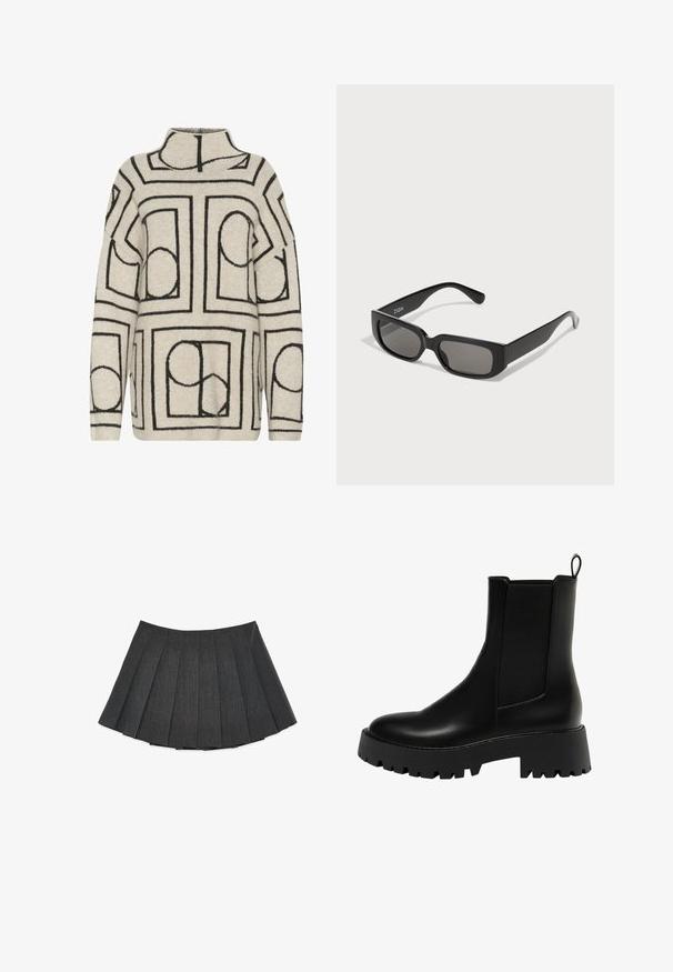 Czarny wełniany płaszcz w kolorze ciemnoszarym z podwójnym zapięciem, z wyłogowym kołnierzem, dwoma przednimi kieszeniami i długimi rękawami.; Sweter dziany w jasnym beżu z czarnymi geometrycznymi wzorami, z wysokim kołnierzem, luźnym krojem i teksturowanym materiałem dla dodatkowego ciepła.; Plisowana spódnica w ciemnoszarym kolorze, wykonana z teksturowanej tkaniny. Charakteryzuje się rozkloszowanym krojem z równomiernie rozmieszczonymi plisami i płaskim paskiem w talii.; Czarny skórzany botek za kostkę z fakturowaną boczną wstawką, zaokrąglonym noskiem i grubą platformą z bieżnikiem w zygzak.; Czarne prostokątne okulary przeciwsłoneczne z szaro zabarwionymi soczewkami, wykonane z gładkiego plastiku. Charakteryzują się minimalistycznym designem z prostymi zausznikami i subtelnym logo.; Czarna skórzana torba hobo o miękkim, zaokrąglonym kształcie. Ma szeroki uchwyt na górze i zgromadzenia u podstawy, co nadaje jej luźny wygląd.