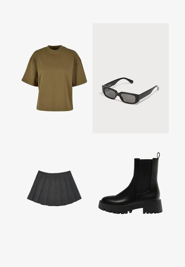 Mørkegrå uldfrakke med dobbeltradet design, spids krave, to forlommer og lange ærmer.; Olivengrøn bomulds t-shirt med en høj, rund halsudskæring, korte ærmer og en løstsiddende pasform. Glat tekstur, ingen synlige mønstre eller detaljer.; Plisseret nederdel i mørkegrå, lavet af et tekstureret stof. Har en svungen silhuet med jævnt fordelt plisseringer og et fladt taljebånd.; Sort læder ankelstøvle med en struktureret sidepanel, rund tå og kraftig platform sål med et zigzag-dækmønster.; Sorte rektangulære solbriller med gråtonede linser, lavet af glat plastik. Har et minimalistisk design med lige arme og subtil branding.; Sort læder hobo taske med et afslappet design, bred skulderrem og glat tekstur. Har en enkelt lynlåslukning på siden.