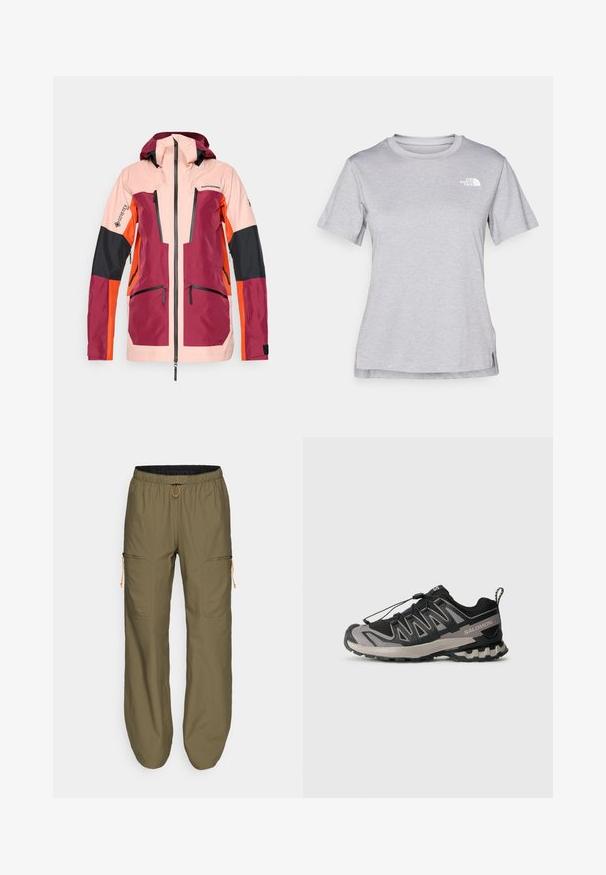Vedenkestävä takki, jossa on väriblokkimuotoilu vaaleanpunaisessa, burgundin, mustassa ja oranssissa. Sisältää etuvetoketjun ja useita taskuja.; Harmaa lyhythihainen t-paita, joka on valmistettu pehmeästä, kosteutta siirtävästä kankaasta. Siinä on pyöreä kaula-aukko ja pieni valkoinen logo vasemmassa yläkulmassa.; Kevyt oliivinvihreä cargo-housut, joissa on joustava vyötärö ja oranssi nyöri; mukana vetoketjulliset sivutaskut ja ommellut yksityiskohdat.; Mustat ja harmaat urheilukengät, joissa on verkkosukkula, kumipohja ja joustava nauhajärjestelmä. Ominaisuuksiin kuuluu vahvistettu kärki ja teksturoidut yksityiskohdat.