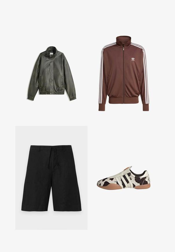 Tmavě zelená kožená bunda s vysokým límcem, zapínáním na zip, dvěma předními kapsami, elastickým pasem a hladkým povrchem.; Hnědá polyesterová sportovní bunda s bílými bočními pruhy, vysokým límcem, předním zipem a logem Adidas na levé části hrudi. Obsahuje dvě boční kapsy.; Tři bílé tílka vyrobené ze žebrované bavlny. Každé má kulatý výstřih a malou logo nášivku na lemu. Klasický, jednoduchý design.; Černé lněné šortky s uvolněným střihem, nastavovací šňůrkou v pase a bez viditelných vzorů. Materiál vypadá lehce a má mírně texturovaný povrch.; Bílo-černé kožené boty s vzorem a texturovaným povrchem, s třemi bílými horizontálními pruhy a hnědou gumovou podrážkou.