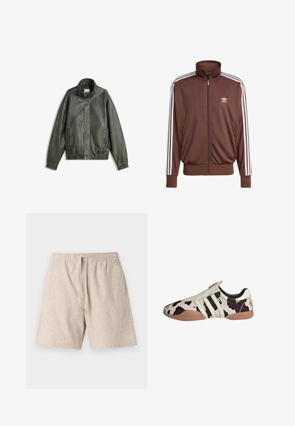 Dark green leather jacket with a high collar, zip closure, two front pockets, elasticized waistband, and smooth texture.; Brown polyester track jacket with white side stripes, high collar, front zipper, and Adidas logo on the left chest. Features two side pockets.; Three white tank tops made of ribbed cotton. Each has a round neckline and a small logo tag at the hem. Classic, simple design.; Beige linen shorts with an elastic waistband, drawstring, side pockets, and a textured fabric. Casual design, knee-length cut.; White and black patterned leather shoes with a textured finish, featuring three white horizontal stripes and a brown rubber sole.
