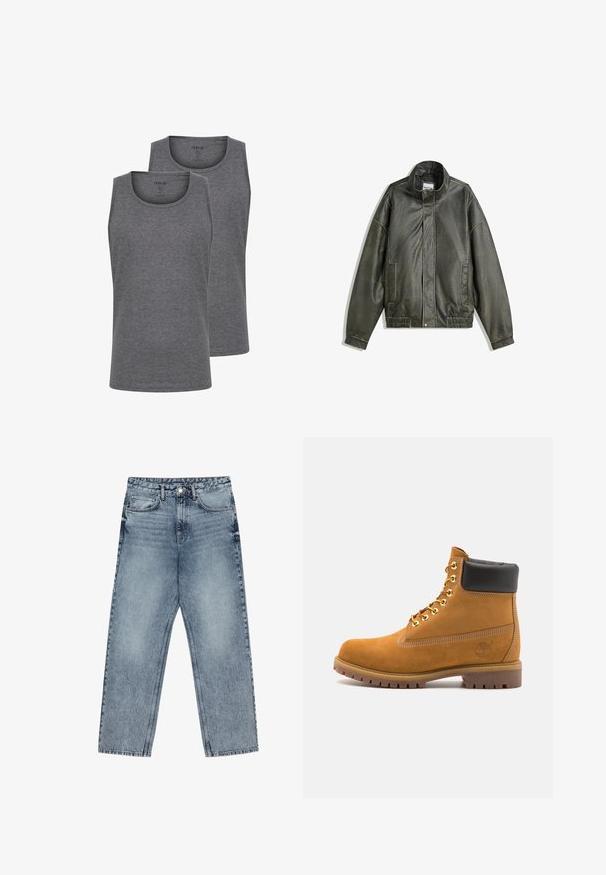 Tmavozelená kožená bunda s vysokým golierom, zipsom, dvoma prednými vreckami, elastickým pásom a hladkým povrchom.; Hnedá polyesterová športová bunda s bielymi bočnými pruhmi, vysokým golierom, predným zipsom a logom Adidas na ľavej hrudi. Obsahuje dve bočné vrecká.; Dvoje šedých tielok vyrobených z jemnej zmesi bavlny. Majú okrúhly výstrih a bezrukávový dizajn. Hladká textúra a bežný strih.; Svetlomodré džíny s rovnými nohavicami, viditeľným prešívaním, dizajnom s piatimi vreckami a zapínaním na gombík v oblasti pása.; Tyrkysové semišové členkové topánky s čiernym polstrovaným golierom, zlatými kovovými očkami, bielym prešívaním a robustnou gumovou podrážkou s výraznými drážkami.