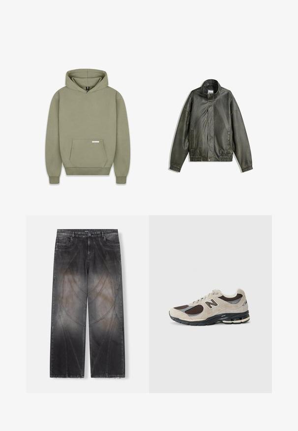 Dunkelgrüne Lederjacke mit hohem Kragen, Reißverschluss, zwei Fronttaschen, elastischem Bund und glatter Textur.; Kapuzensweatshirt in Olivgrün, mit langen Ärmeln, einer vorderen Kängurutasche, gerippten Bündchen und einem kleinen Etikett auf der Tasche.; Weit geschnittene Jeans aus ausgewaschenem schwarzem Denim. Verfügt über geschwungene Stickmuster und einen ausgefransten Saum. Vier Taschen und ein Knopfverschluss.; Sneaker mit einem Obermaterial aus beigem und braunem Wildleder, Netzpaneelen, einem weißen "N"-Logo und einer schwarzen Sohle mit cremefarbenen Akzenten.