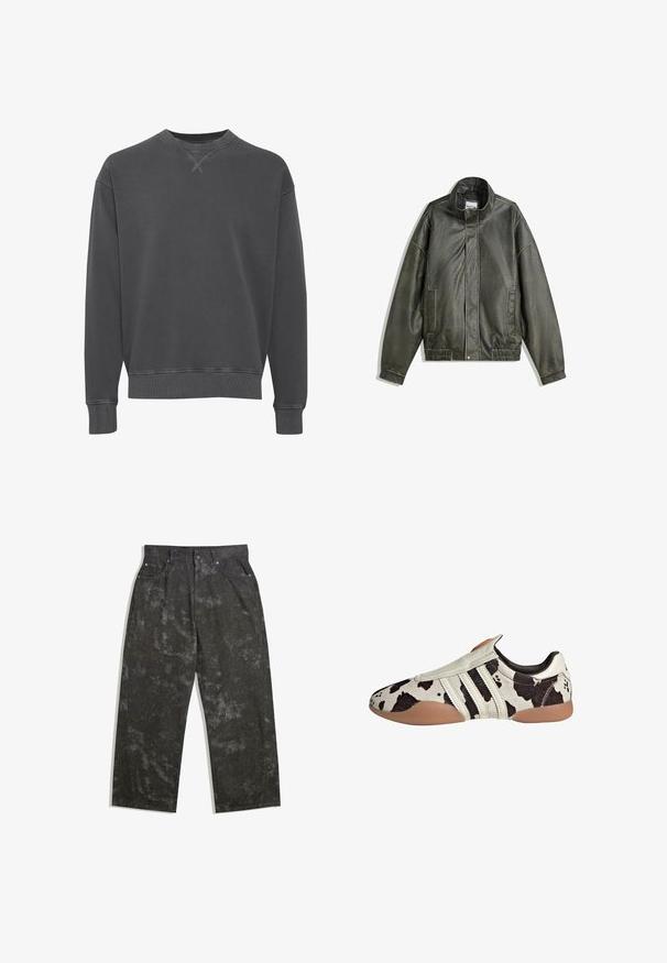 Dark green leather jacket with a high collar, zip closure, two front pockets, elasticized waistband, and smooth texture.; Dark gray crewneck sweatshirt made of cotton blend, featuring ribbed cuffs and hem, with a textured finish and subtle stitching details.; Dark gray denim trousers with a loose fit, featuring subtle mottled patterns and metal hardware accents. Five-pocket design.; White and black patterned leather shoes with a textured finish, featuring three white horizontal stripes and a brown rubber sole.