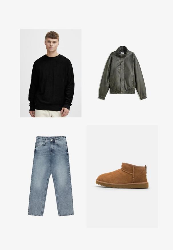 Mörkgrön läderjacka med hög krage, dragkedjestängning, två framfickor, elastisk midja och slät textur.; Svart långärmad sweatshirt i mjukt, texturerat tyg. Har en rundad halsringning och kontrasterande svarta ribbade ärmslut och nederkant.; Ljust blå denimjeans med rak benform, synliga sömmar, fem fickor och en knappstängning i midjan.; Tan mockasinstövlar med rund tå, subtila sömnadsdetaljer och en texturerad gummisula. Kort höjd utan snörning.