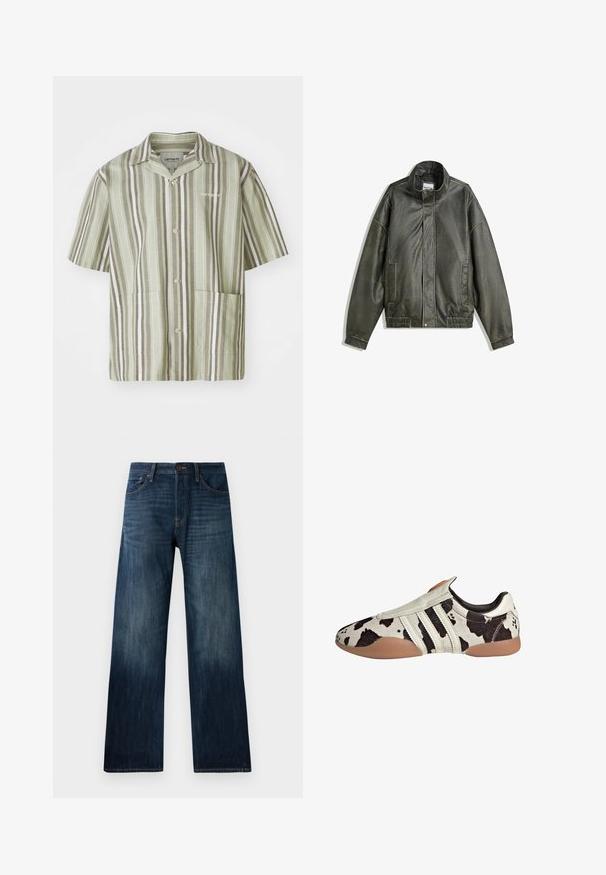 Tummanvihreä nahkatakki, jossa on korkea kaulus, vetoketjusuljenta, kaksi etutaskua, elastinen vyötärö ja sileä pinta.; Lyhythihainen napillinen paita vaaleanvihreänä, jossa on pimeänvihreitä ja valkoisia pystysuoria raitoja. Sisältää kaksi etutaskua ja kauluksen.; Kolme valkoista toppia, jotka on valmistettu ribbikankaasta. Jokaisessa on pyöreä kaula-aukko ja pieni logo-etiketti helman kohdalla. Klassinen, yksinkertainen muotoilu.; Tummansiniset farkut suoran lahkeiden muotoilulla, joissa on kevyt rakenne, vyölenkit ja klassinen viiden taskun tyyli.; Valkoiset ja mustat kuviolliset nahkakengät, joissa on teksturoitu pinta, kolme valkoista vaakasuoraa raitaa ja ruskea kumipohja.