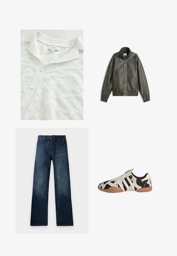 Tummanvihreä nahkatakki, jossa on korkea kaulus, vetoketjusuljenta, kaksi etutaskua, elastinen vyötärö ja sileä pinta.; Valkoinen neulottu neuletakki, jossa on teksturoitu geometrinen kuvio, polo-kaulus ja kolme nappikiinnitystä edessä.; Kolme valkoista toppia, jotka on valmistettu ribbikankaasta. Jokaisessa on pyöreä kaula-aukko ja pieni logo-etiketti helman kohdalla. Klassinen, yksinkertainen muotoilu.; Tummansiniset farkut suoran lahkeiden muotoilulla, joissa on kevyt rakenne, vyölenkit ja klassinen viiden taskun tyyli.; Valkoiset ja mustat kuviolliset nahkakengät, joissa on teksturoitu pinta, kolme valkoista vaakasuoraa raitaa ja ruskea kumipohja.