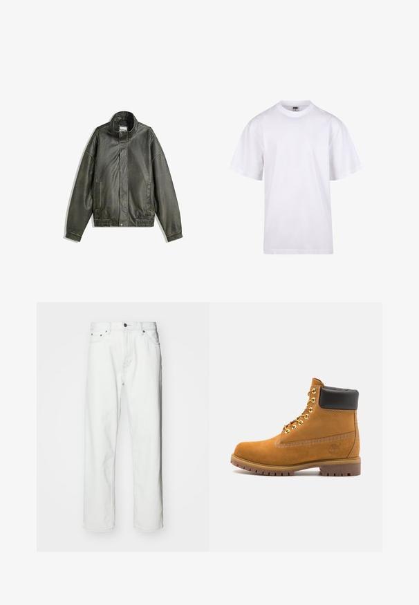 Sötétzöld bőrkabát magas gallérral, cipzáros zárással, két elülső zsebbel, rugalmassá tett derékrésszel és sima textúrával.; Fehér pamut póló kerek nyakkivágással, rövid ujjal és laza szabással. Egyszerű dizájnnal rendelkezik, minták vagy díszek nélkül.; Fehér farmernadrág egyenes szabással, öt zsebbel, gombos záródással és diszkrét varrási részletekkel. Simább textúrájú és minimalista stílusú.; Barna velúr bokacipő fekete párnázott gallérral, arany fém fűzőlyukakkal, fehér varrási részletekkel és durva gumitalppal, amelynek kifejezett barázdái vannak.