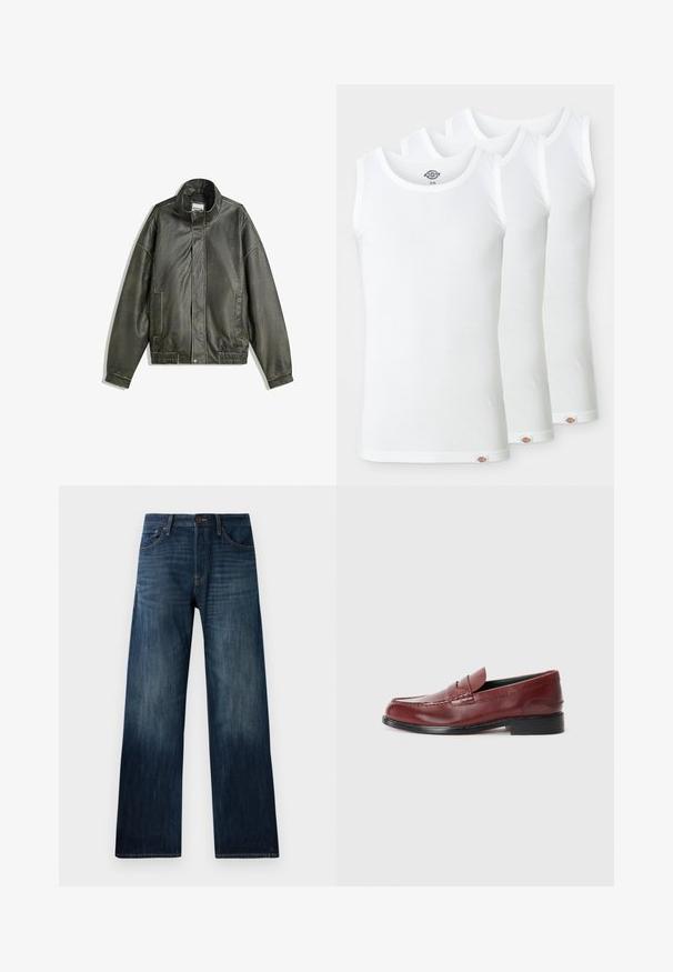 Mørkegrøn læderjakke med høj krave, lynlåslukning, to frontlommer, elastisk talje og glat tekstur.; Tre hvide tanktoppe lavet af ribbet bomuld. Hver har en rund halsudskæring og et lille logomærke i kanten. Klassisk, enkelt design.; Mørkeblå denimjeans med lige ben, der har en let tekstur, bæltestropper og en klassisk fem-lomme stil.; Burgunderfarvet læder loafer med en glat finish, dekorativ søm og en rund tå. Har en lav sort hæl.