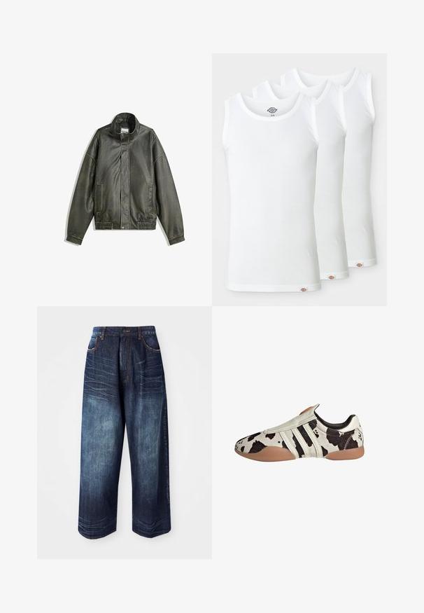 Dark green leather jacket with a high collar, zip closure, two front pockets, elasticized waistband, and smooth texture.; Three white tank tops made of ribbed cotton. Each has a round neckline and a small logo tag at the hem. Classic, simple design.; Dark blue denim wide-leg pants feature a high waist, contrast stitching, front pockets, and a smooth texture with slight fading.; White and black patterned leather shoes with a textured finish, featuring three white horizontal stripes and a brown rubber sole.