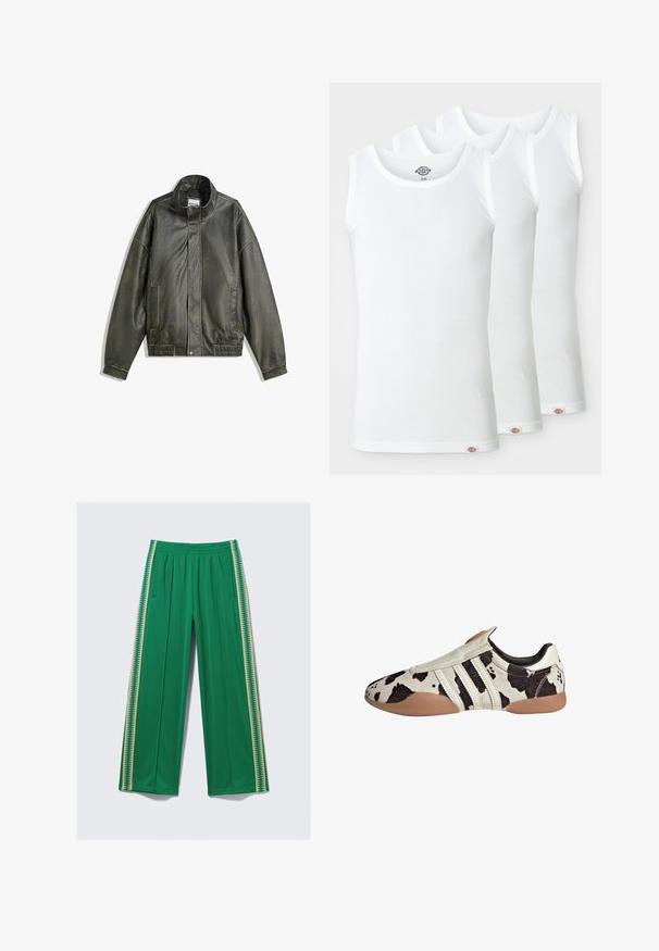 Donkergroene leren jack met een hoge kraag, ritssluiting, twee voorzakken, elastische tailleband en een soepele textuur.; Drie witte tanktops van ribgebreide katoen. Elke top heeft een ronde halslijn en een klein logo-label aan de zoom. Klassiek, eenvoudig design.; Groene wijde broek van gladde stof, met een elastische tailleband en contrasterende gele zijstrepen met een zigzagpatroon.; Witte en zwarte leren schoenen met een patroon en een textuurafwerking, met drie witte horizontale strepen en een bruine rubberen zool.