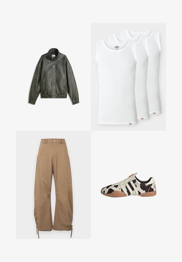Dunkelgrüne Lederjacke mit hohem Kragen, Reißverschluss, zwei Fronttaschen, elastischem Bund und glatter Textur.; Drei weiße Tanktops aus geripptem Baumwollstoff. Jedes hat einen runden Halsausschnitt und ein kleines Logotag am Saum. Klassisches, einfaches Design.; Cargo-Hosen aus hellbraunem Stoff mit zwei Seitentaschen, lockerer Passform, Kordelzügen an den Säumen und Knopfverschluss in der Taille.; Schwarz-weiße gemusterte Lederschuhe mit strukturiertem Finish, ausgestattet mit drei weißen horizontalen Streifen und einer braunen Gummisohle.