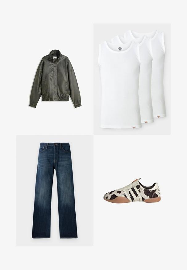 Tummanvihreä nahkatakki, jossa on korkea kaulus, vetoketjusuljenta, kaksi etutaskua, elastinen vyötärö ja sileä pinta.; Kolme valkoista toppia, jotka on valmistettu ribbikankaasta. Jokaisessa on pyöreä kaula-aukko ja pieni logo-etiketti helman kohdalla. Klassinen, yksinkertainen muotoilu.; Tummansiniset farkut suoran lahkeiden muotoilulla, joissa on kevyt rakenne, vyölenkit ja klassinen viiden taskun tyyli.; Valkoiset ja mustat kuviolliset nahkakengät, joissa on teksturoitu pinta, kolme valkoista vaakasuoraa raitaa ja ruskea kumipohja.