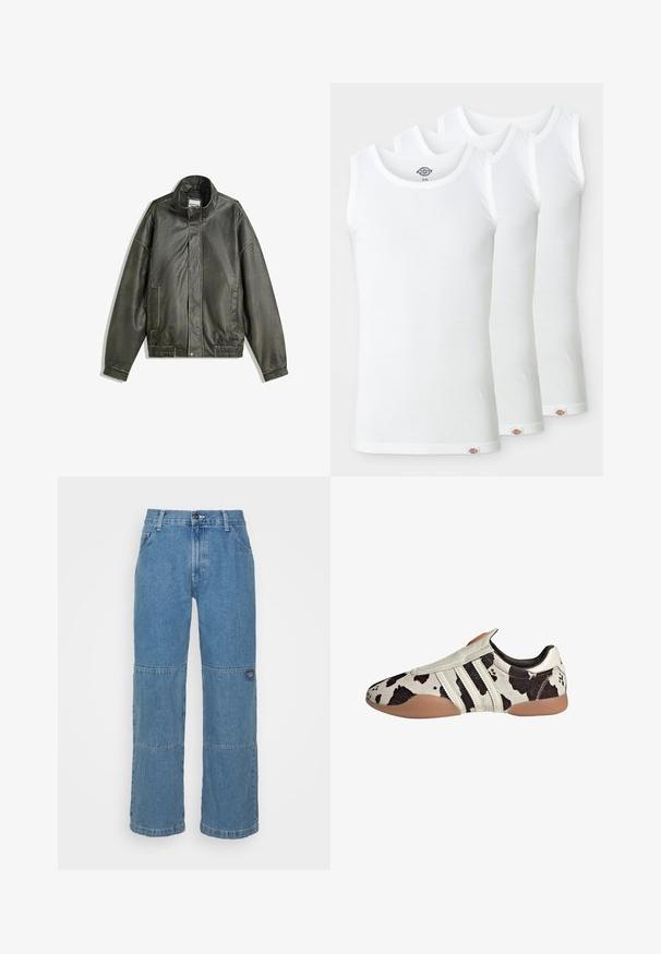 Tummanvihreä nahkatakki, jossa on korkea kaulus, vetoketjusuljenta, kaksi etutaskua, elastinen vyötärö ja sileä pinta.; Kolme valkoista toppia, jotka on valmistettu ribbikankaasta. Jokaisessa on pyöreä kaula-aukko ja pieni logo-etiketti helman kohdalla. Klassinen, yksinkertainen muotoilu.; Vaaleansiniset farkut, joissa on rento malli. Farkuissa on aplikoituja paneeleja, yläpainike suljenta, viisi taskua ja huomaamaton brändäys jalassa.; Valkoiset ja mustat kuviolliset nahkakengät, joissa on teksturoitu pinta, kolme valkoista vaakasuoraa raitaa ja ruskea kumipohja.