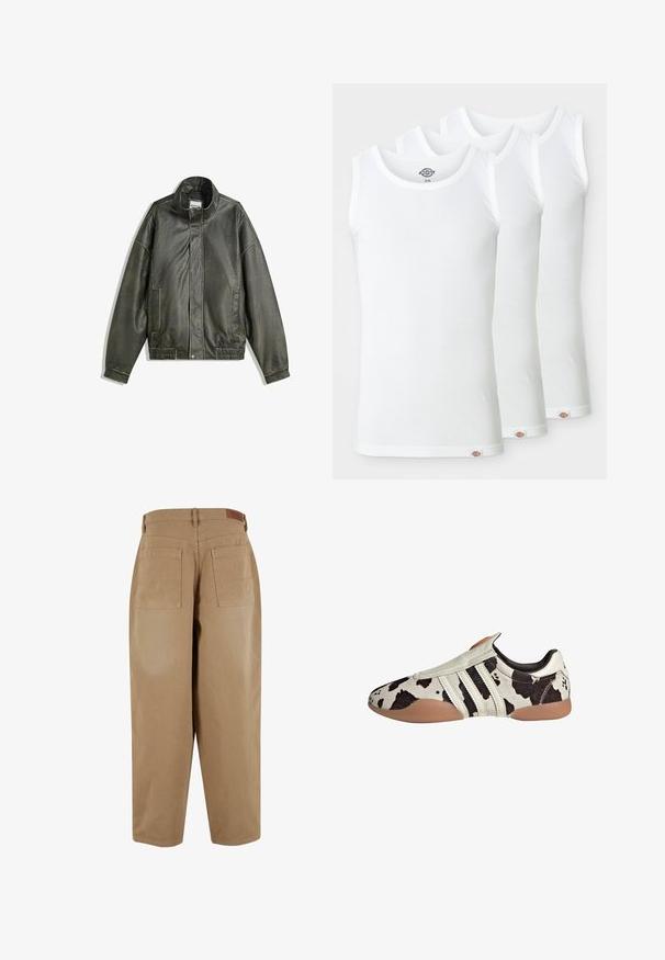 Tmavě zelená kožená bunda s vysokým límcem, zapínáním na zip, dvěma předními kapsami, elastickým pasem a hladkým povrchem.; Tři bílé tílka vyrobené ze žebrované bavlny. Každé má kulatý výstřih a malou logo nášivku na lemu. Klasický, jednoduchý design.; Béžové bavlněné kalhoty s volným střihem, které mají dvě zadní kapsy a štítek na pase. Tkanina má hladkou texturu a minimální detaily.; Bílo-černé kožené boty s vzorem a texturovaným povrchem, s třemi bílými horizontálními pruhy a hnědou gumovou podrážkou.