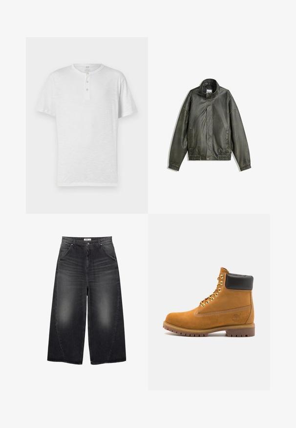 Tummanvihreä nahkatakki, jossa on korkea kaulus, vetoketjusuljenta, kaksi etutaskua, elastinen vyötärö ja sileä pinta.; Valkoinen lyhythihainen henley-paita, jossa on kolme nappia, valmistettu kevyestä ja hieman teksturoidusta kankaasta. Pyöreä kaula-aukko, rento istuvuus.; PULL&BEAR MEGA BAGGY - Baggy-farkut - black; Valkoinen nahkainen nilkkuri mustalla pehmustetulla kauluksella, kultaisilla metallisilla rei'illä, valkoisella ompeluksella ja jykevällä kumipohjalla, jossa on selvästi näkyvät urat.