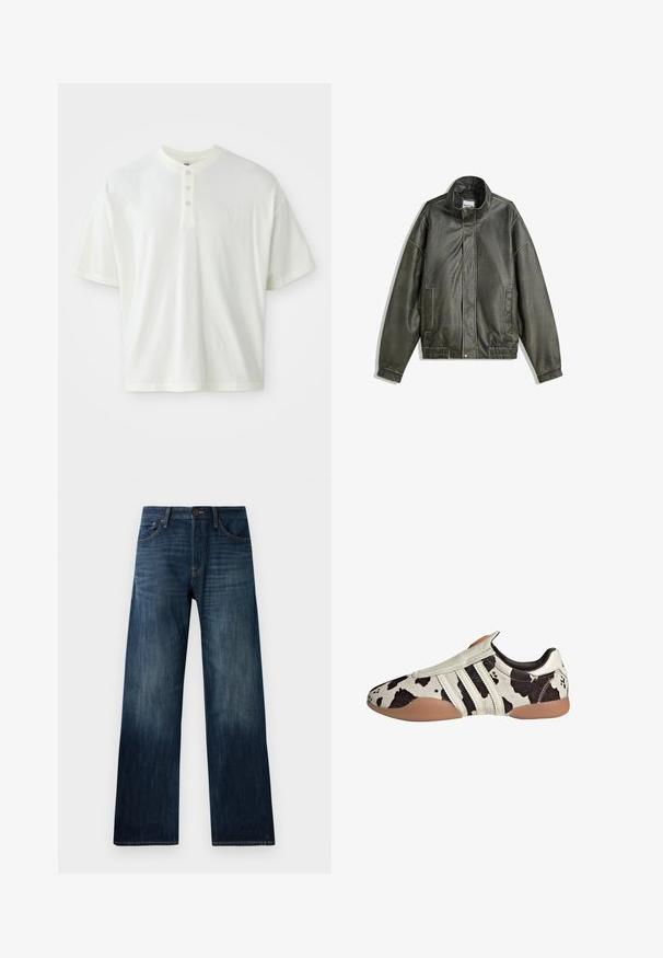Tamnozelena kožna jakna s visokim ovratnikom, patentnim zatvaračem, dva prednja džepa, elastičnom pojasu i glatkom teksturom.; Bijela košulja kratkih rukava s henley izrezom, koja ima tri gumba i mali logotip na lijevoj strani prsnog koša. Izrađena od pamučne tkanine.; Tamno plave traperice ravnog kroja, s laganom teksturom, petljama za remen i klasičnim dizajnom s pet džepova.; Cipele od kože s bijelo-crnim uzorkom i teksturiranim završetkom, s tri bijele horizontalne pruge i smešnim gumenim potplatom.