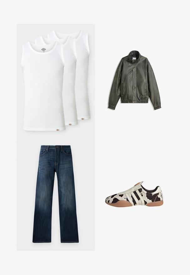 Ciemnozielona skórzana kurtka z wysokim kołnierzem, zapięciem na zamek, dwoma przednimi kieszeniami, elastycznym paskiem w talii oraz gładką fakturą.; Trzy białe topy na ramiączkach wykonane z prążkowanej bawełny. Każdy z okrągłym dekoltem i małą metką z logo przy dolnym brzegu. Klasyczny, prosty design.; Ciemnoniebieskie dżinsy z prostymi nogawkami, charakteryzujące się lekką teksturą, szlufkami na pasek oraz klasycznym pięciopocketowym stylem.; Czarno-białe skórzane buty w wzory z teksturowanym wykończeniem, z trzema białymi poziomymi paskami i brązową gumową podeszwą.