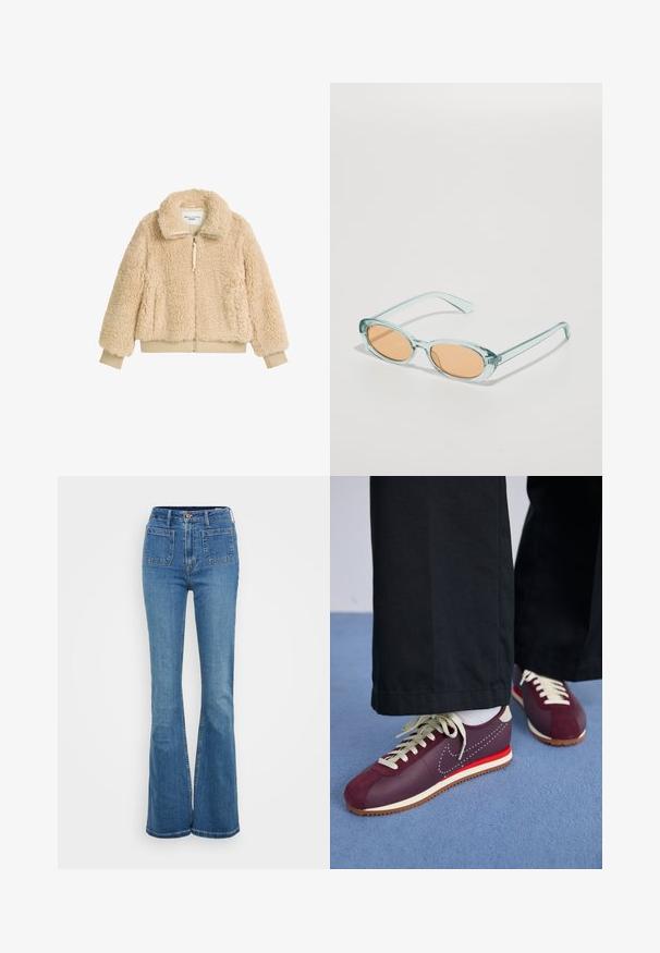 Bežna, puhasta jakna na zadrgo z visokim ovratnikom, rebrastimi manšetami in pasom, izdelana iz mehke, strukture teksturirane umetne ovčje kože.; Bela kratka majica s kratkimi rokavi iz bombaža. Ima okroglo izrezovanje in sproščen kroj. Gladka tekstura brez vidnih vzorcev ali poudarkov.; Modri široki kavbojke z visokim pasom, izdelane iz denima. Imajo pet žepov in gumbasto zapiranje na pasu. Gladka tekstura, klasičen dizajn.; Bordo in smetana športni copati s kombinacijo semiša in gladkega materiala, ki vsebujejo kontrastni rdeč poudarek, bele vezalke in teksturiran podplat.; Svijetloplave sunčane naočale ovalnog okvira s narančastim lećama. Prozirne ručke imaju glatke rubove i blagi zakret.