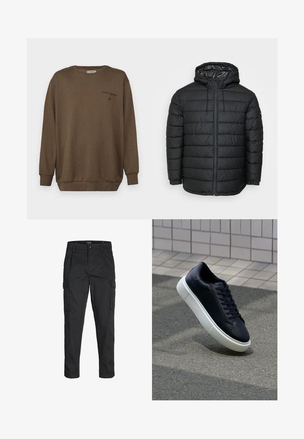 Black puffer jacket with a hood, featuring a quilted pattern, zipper front, drawstring adjustments, and elastic cuffs for a snug fit.; Brown cotton sweatshirt with a crew neck, long sleeves, and ribbed cuffs. Features embroidered text "Lunar Hypnosis" and a small star accent.; Black cargo pants made of sturdy fabric, featuring multiple pockets, a button closure, and a slim fit design with tapered legs.; Black leather sneaker with rounded toe and white rubber sole. Features flat laces and minimal stitching on the upper. Textured sole for grip.