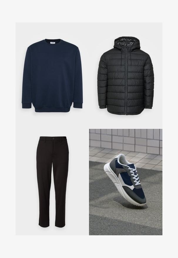Juoda pūkinė striukė su kapišonu, pasižyminti siuvine nutaikyta raštais, priekyje užtrauktuku, su raištelių reguliavimu ir elastinėmis rankogaliais, kad būtų patogiai prigludusi.; Tamsiai mėlynas džemperis, pagamintas iš minkštos medvilnės mišinio, su apvaliu kaklu, ilgomis rankovėmis ir aplikacija ant rankogalių bei apačios. Minimalistinis dizainas be raštų.; Juodi kelnių šviesaus audinio, tiesaus kirpimo, su priekyje esančia mygtuko uždarymo sistema, diržo kilpomis ir šoninėmis kišenėmis.; Sportiniai bateliai su tamsiai mėlynu tinkliniu viršumi, pilkais zomšiniais akcentais, balta guma padanga ir plokščiomis baltomis raištelėmis, sukurti komfortui ir oro pralaidumui.